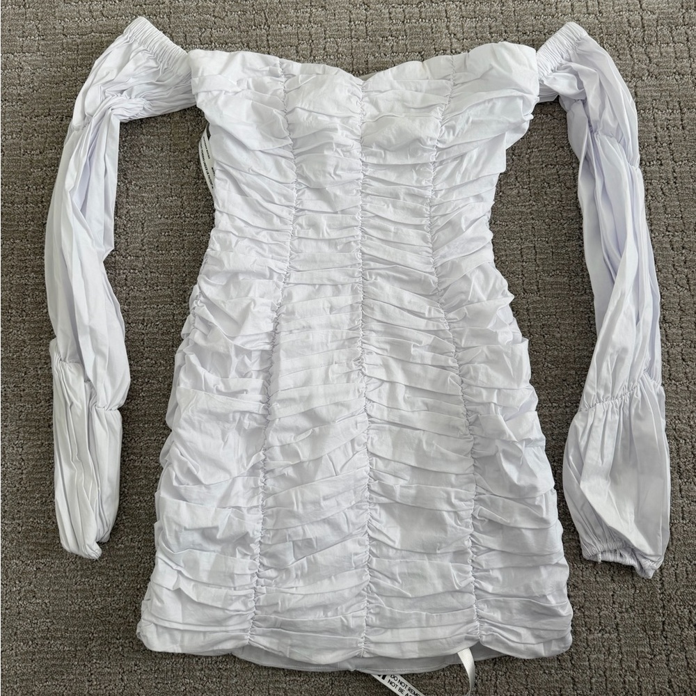 Mistress Rocks Cross My Mind Off-Shoulder Ruched White Mini Dress - Picture 3 of 10